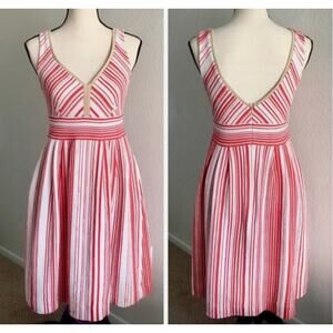 Anthropologie V-neck Dress Red and White Striped, Size 6